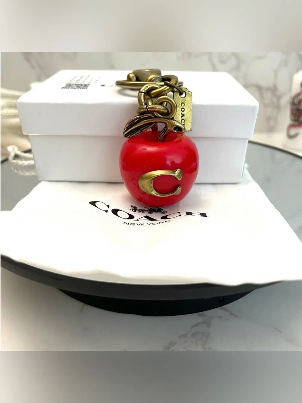 Coach Red Apple Charm Key Ring with Antique Gold Hardware! With Iconic C NWB!